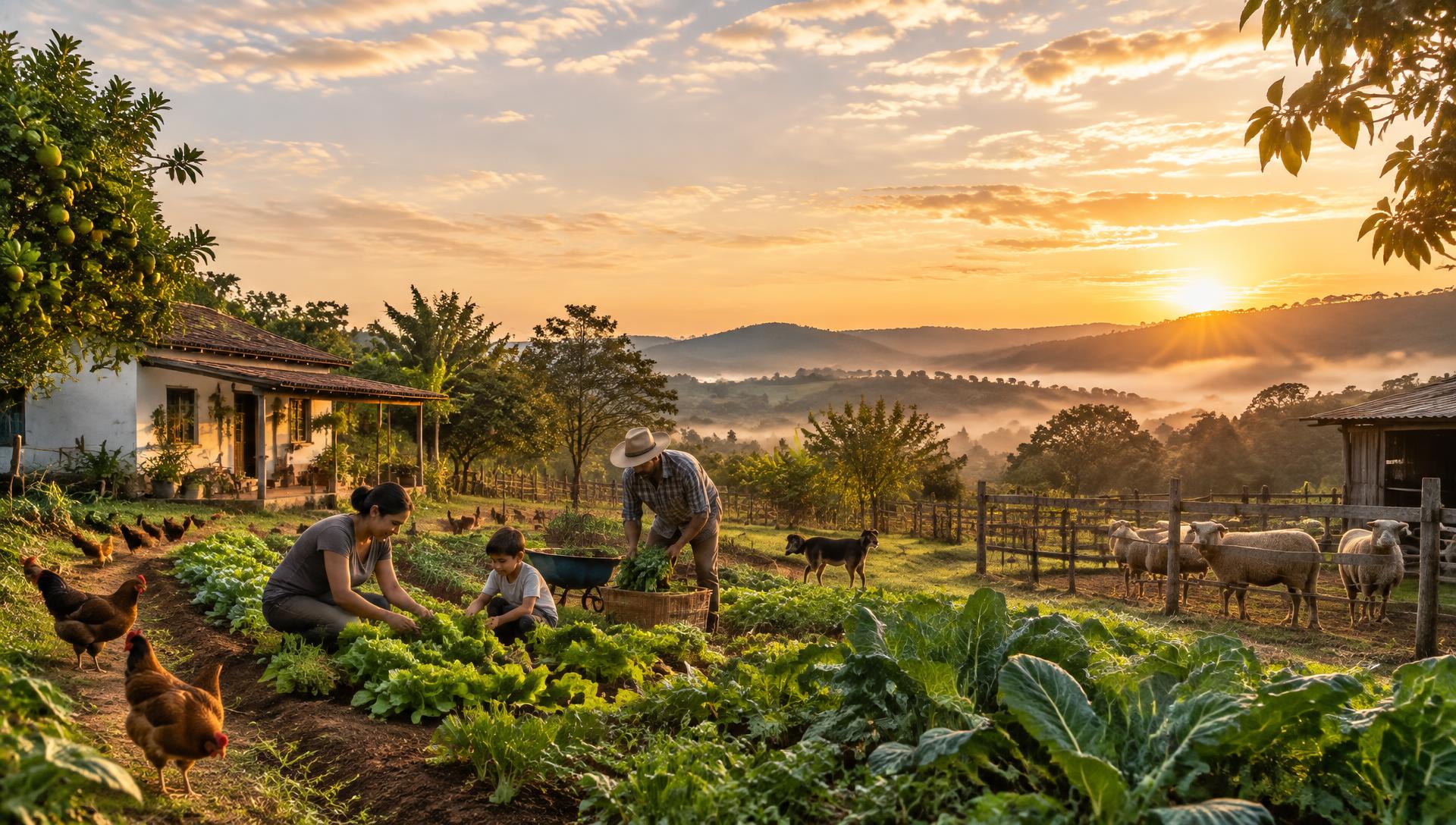 Paisagem de campo com horta, animais e uma família vivendo da terra
