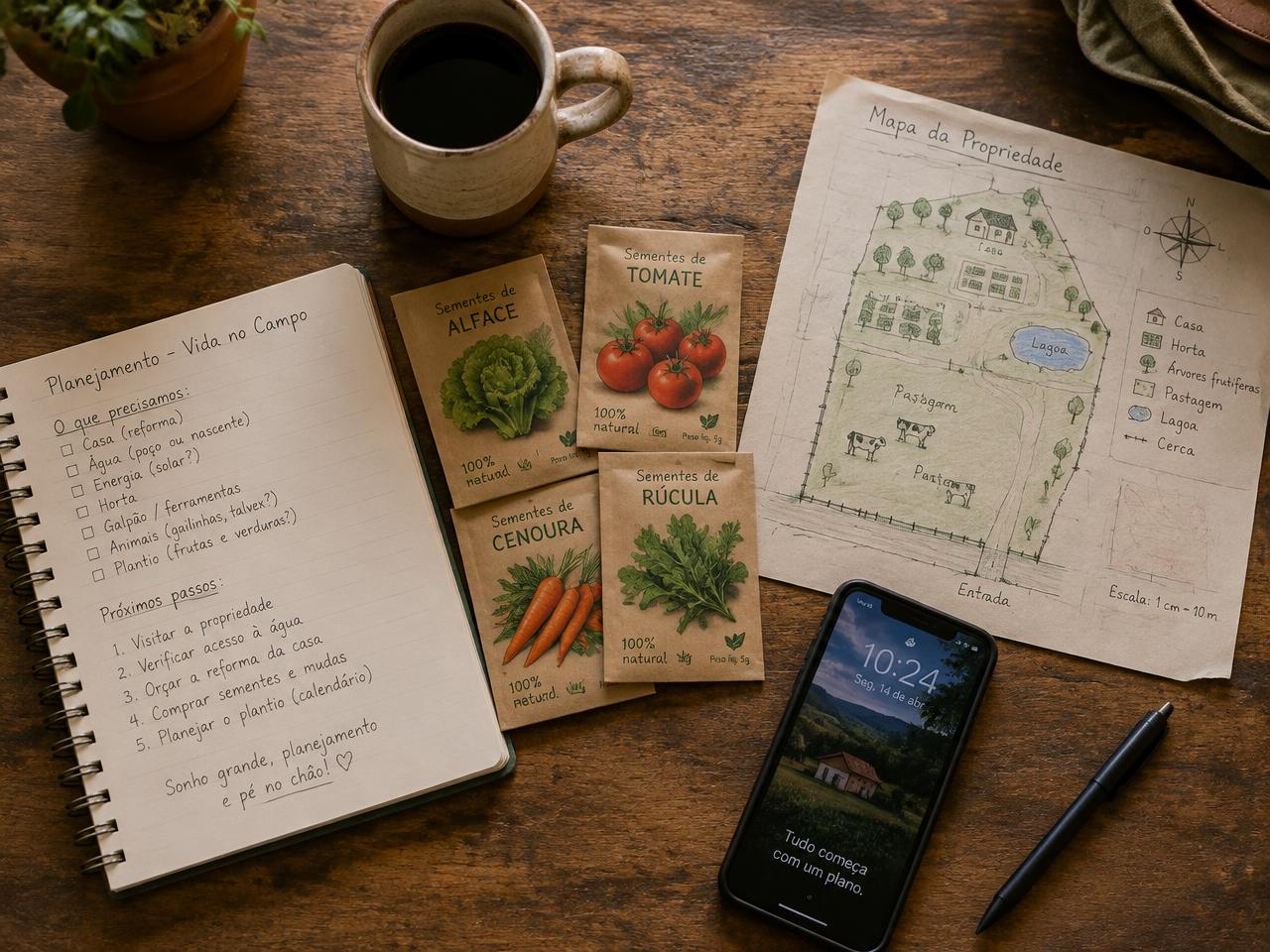 Mesa com caderno de planejamento da vida no campo, sementes e mapa da propriedade